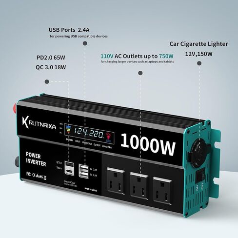 500W Power Inverters Peak 1000W 12V DC to 110V AC Converter for Vehicles USB-C/PD 25W Fast Charging Ports Car Charger Adapter with a Cigarette Lighter Ports Plug Outlet in Saudi Arabia