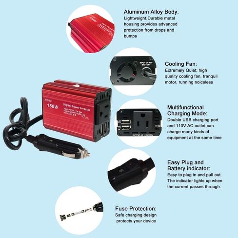 Car Power Inverter,150W Power Inverter for Car, Car Inverter Power Outlet DC 12V to 110V AC Converter Outlet Charger with 2.1A 1A Dual USB Charger for Phone, iPad, Laptop, Camera, Camping, etc in Saudi Arabia