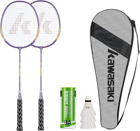 مجموعة مضارب كرة الريشة مكونة من مضاربين للتدريب والرياضة، بما في ذلك 2 مضارب كرة الريشة كاواساكي و3 ريش طيور الريشة و1 حقيبة كرة الريشة كبيرة (أرجواني) in Kuwait