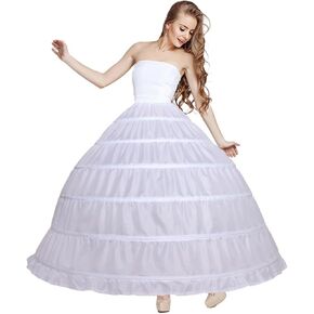 BBSET Women Puffy Crinoline Petticoat 6 Hoop 2 Tulle Layers Skirt Slips Long Underskirt for Quinceanera Wedding Bridal Dress Ball Gown White
