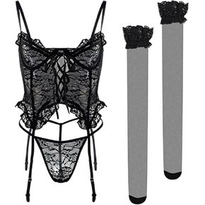 Women Lingerie Sexy Floral Lace Lingerie Set 3 Piece Bodysuit Teddy Outfit with Bustier G-string and Stockings
