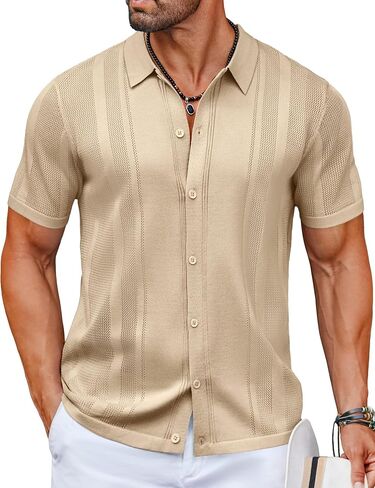 COOFANDY Men's Knit Shirts Short Sleeve Button Down Polo Shirt Vintage Casual Beach Shirt Summer Tops in Saudi Arabia