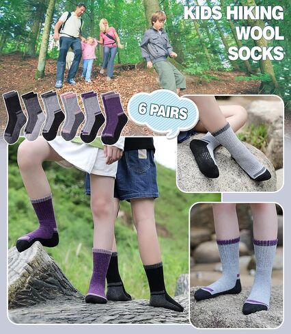 Kids Merino Wool Hiking Socks Boys Girls Toddlers Winter Warm Thick Thermal Cushion Crew Gift Socks 6 Pairs in Kuwait