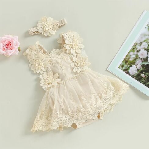 FIOMVA Baby Girl Lace Romper Bodysuit Outfits for Birthday,photoshoot,photography,Cake Smash,Gift in Kuwait