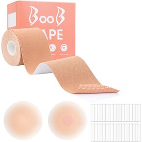 Antmoilios Boob Tape Breast Lift Tape, Breathable Boobytape for Large Breasts A-G Cup, w 1 Body Tape, 5 Pairs Satin Breast Petals, 2 Pcs Silicone Breast Reusable Adhesive Bra, 36 Pcs Double Sided Tape