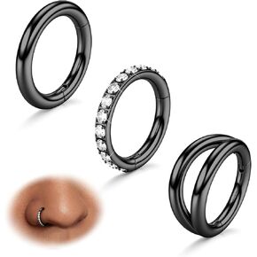 BodyBonita 3pcs Nose Rings Hoops - 316L Surgical Steel Double Hoop Nose Rings 16G/18G/20G Hinged CZ Conch Piercing Jewelry Septum Clicker Lip Rings Cartilage Earring Helix Rook Tragus Daith 7mm/8mm/9mm/10mm