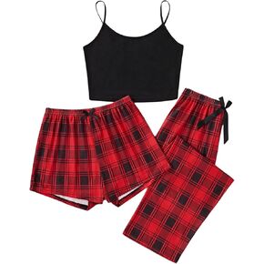 GORGLITTER Women's 3 Piece Plaid Pajamas Pants Set Cami Top with Shorts Loungewear Sleepwear