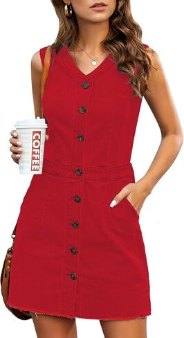 LookbookStore Women Sleeveless V Neck Button Down Frayed Hem Short Denim Dress in Kuwait