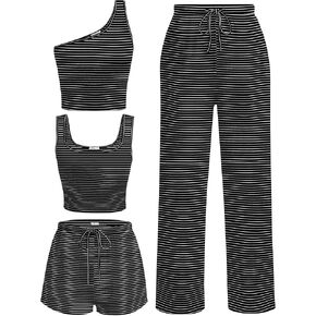 Ekouaer Womens 4 Piece Lounge Sets Ribbed Knit Crop Tank Top and Shorts Pants Casual Outfits