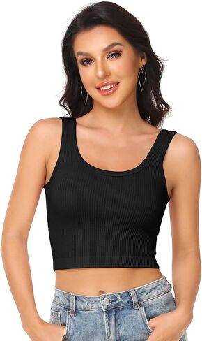 Womens Crop Tops Basic Sleeveless Both V-Neck and Round Neck 3 Pieces Black White Ribbed Seamless Casual Cami Tank Tops in Kuwait