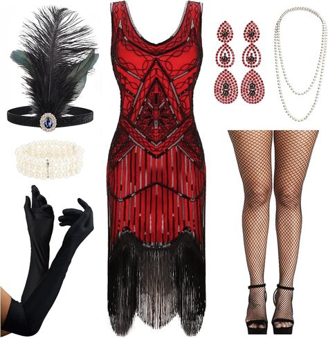 فستان DRESHOW للسيدات 1920s برقبة على شكل V Gatsby ترتر دانتيل مهدب بيزلي فلابر مع مجموعة إكسسوارات 20s لحفلات الكوكتيل in Kuwait