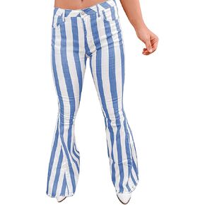 TACSTRUN Women's Casual High Waist Bell Bottom Jeans Striped Printed Hem Raw Flare Denim Pants