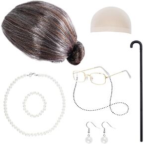 Tongcloud 8pcs Old Lady Costume Set 100 Days of School Old Lady Wig Grandma Wig Caps Glasses Eyeglass Chain Set for Women Kid
