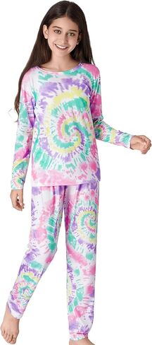بيجامة عصرية بصبغة لولبية للفتيات مكونة من قطعتين ناعمة بأكمام طويلة وسراويل PJ Set Jammies مقاس 6-18 in Kuwait