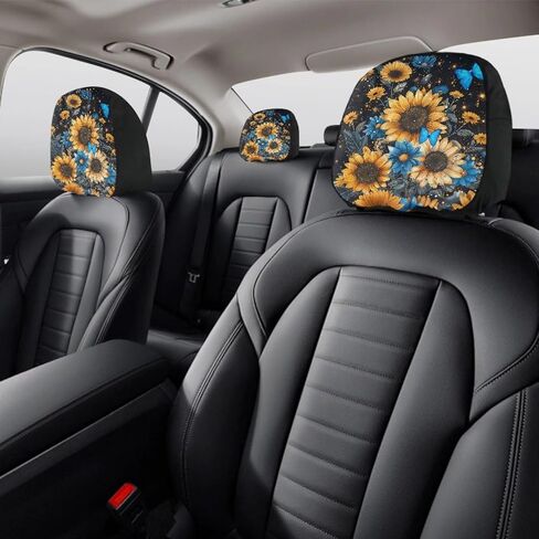 Bulopur You are My Sunshine Auto وسادة أغطية مسند الرأس حزمة من 2، فراشة عباد الشمس سيارة مسند الرأس يغطي الملحقات العالمية، زهرة صفراء الديكور الواقي للسيارات in Kuwait