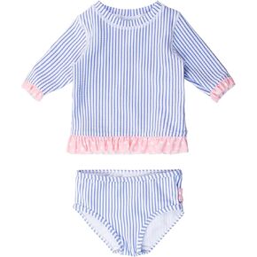 RuffleButts® Baby/Toddler Girls Rash Guard Short Sleeve 2-Piece Swimsuit Set - Polka Dot Bikini with UPF 50+ Sun Protection