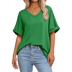 ATHMILE Womens Oversized T Shirts Loose Fit V Neck Short Sleeve Summer Casual Blouse 2024 Y2K Tee Tops