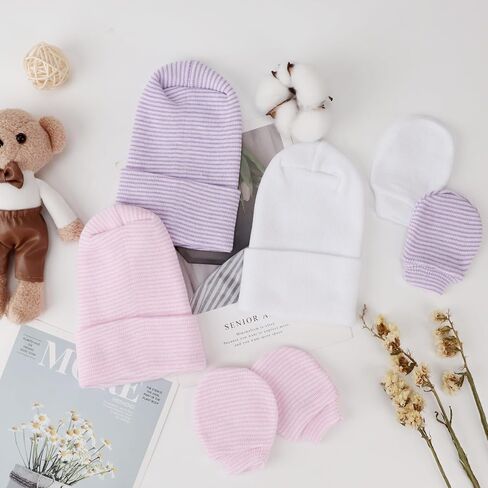 DRESHOW BQUBO 3 Pack Newborn Hospital Hat and Mittens Infant Baby Beanie with Bow Soft Cute Knot Nursery Cap in Kuwait