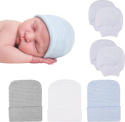 DRESHOW BQUBO 3 Pack Newborn Hospital Hat and Mittens Infant Baby Beanie with Bow Soft Cute Knot Nursery Cap in Kuwait