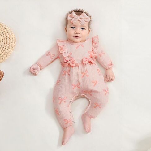Newborn Baby Girl Fall Romper Puff Sleeve Floral Print Bowknot Ruffle Cotton Linen Jumpsuit with Headband 0 3 6 12 18 Months in Kuwait