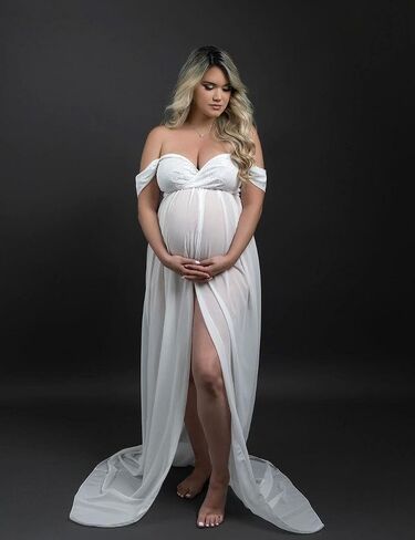 Maternity Off Shoulder Chiffon Gown for Photography Split Front Maxi Pregnancy Dress for Photoshoot in Saudi Arabia