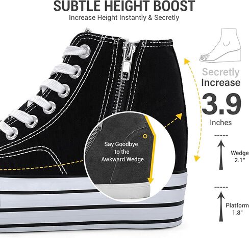 Womens Platform Wedge Sneakers Hidden Wedge 4 Inches Height Boost, High Top Canvas Heel Sneakers White Fashion Sneakers for Women and Girls in Kuwait