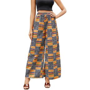 WDIRARA Women's All Over Print Patchwork Wide Leg Hippie Elastic High Waist Boho Pants