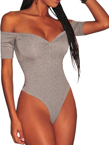 ANCAPELION Women’s Off Shoulder Short Sleeve Bodysuit Sexy Stretchy Bodycon Top in Kuwait