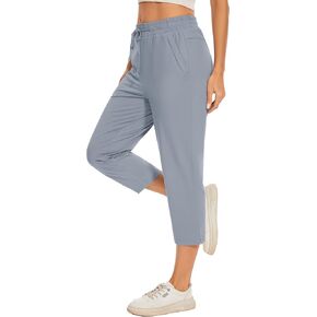 Women Casual Capris 21" with Deep Zippered Pockets Drawstring Comfy Tapered Sweatpants for Travel Work in Kuwait