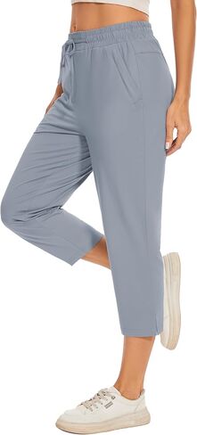 Women Casual Capris 21" with Deep Zippered Pockets Drawstring Comfy Tapered Sweatpants for Travel Work in Kuwait