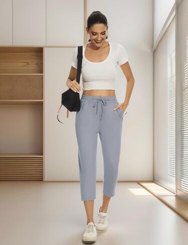 Women Casual Capris 21" with Deep Zippered Pockets Drawstring Comfy Tapered Sweatpants for Travel Work in Kuwait