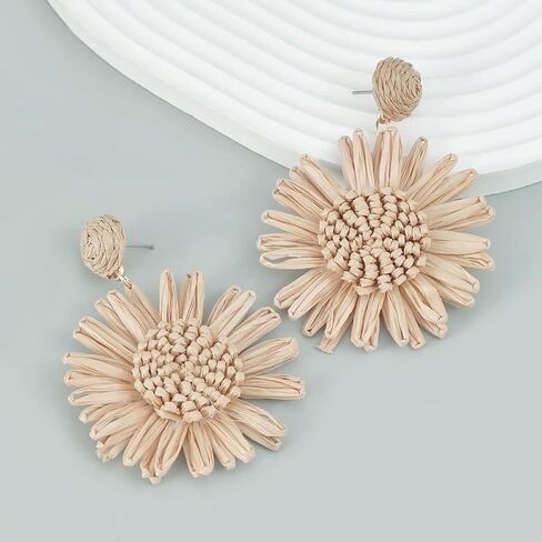 Boho Raffia Flower Earrings Cute Handmade Sunflower Raffia Rattan Drop Earrings for Women Girls Trendy Spring Summer Beach Vacation Statement Jewelry Gifts in Kuwait