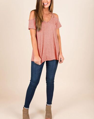 Minclouse Women's Summer Short Sleeves Tops Cold Shoulder V Neck Shirts Casual Strappy Tees in Kuwait