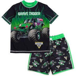 مجموعة ملابس Monster Jam Megalodon El Toro Loco Grave Digger Rash Guard وملابس السباحة من الأطفال الصغار إلى الأطفال الصغار