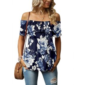 Women's Casual Off Shoulder Ruffle Tops Short Sleeve T Shirts Loose Summer Blouses Shirt