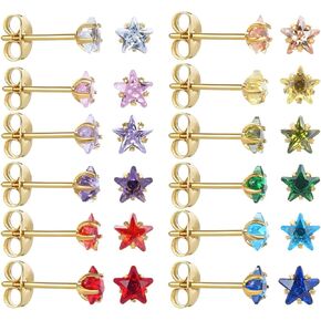 12 Pairs 18K Gold Plated Surgical Stainless Steel Stud Earring, Princess Cut Square Teardrop Cubic Zirconia Birthstone Stud Earrings Set for Women