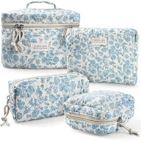 VIWIME Makeup Cosmetic Bag, Large Cotton Quilted Travel Coquette Aesthetic Cute Floral Make up Bag for Women Toiletry Bag Organizer(Bear/Big)
