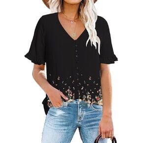 luvamia Women's Casual V Neck Tops Ruffle Short Sleeve Blouses Button Down Shirts