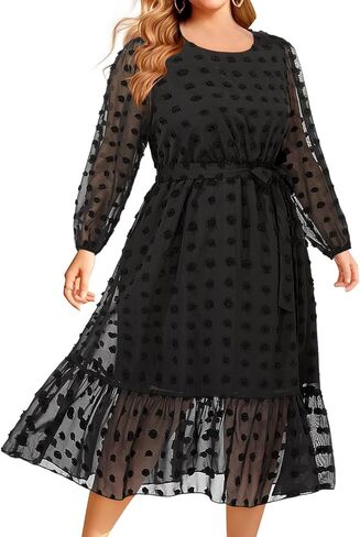 Holipick Women 2024 Spring Plus Size Swiss dot A-Line Long Sleeve Midi Dress Wedding Guest Elegant Flowy Dresses in Saudi Arabia