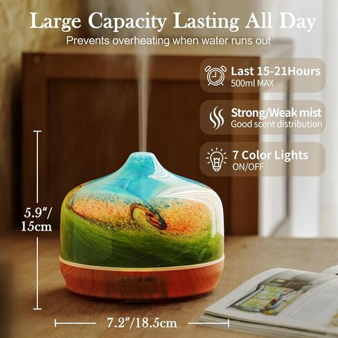 Porseme 500ml Essential Oil Diffuser 3D Glass Aromatherapy Ultrasonic Humidifier - Auto Shut-Off, Timer Setting, BPA Free for Home Hotel Yoga Gift in Kuwait