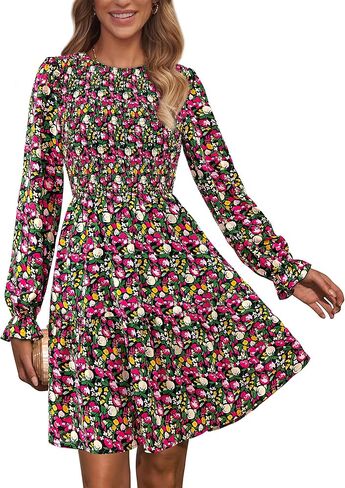 KIRUNDO Women Spring Summer Long Sleeve Floral Dress Casual Crewneck Smocked High Waist Ruffle A Line Flowy Mini Dresses in Kuwait