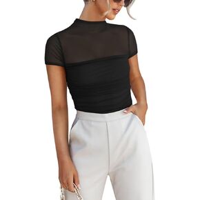 REORIA Women's Sexy Mock Turtle Neck Short Sleeve Shirts Sheer Mesh Ruched Trendy Going Out Bodysuits Tops