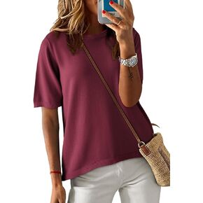 Dokotoo Womens Summer Tops 2024 Casual Crewneck Short Sleeve Striped Color Block Knitted High Low Thin T Shirts Sweaters