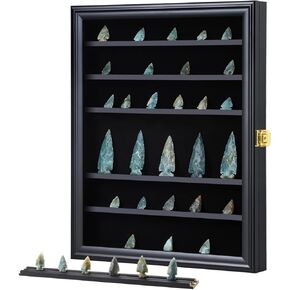 KCRasan Adjustable Rock Display Case - Wooden Crystal Organizer for Stones Storage - Rock Collection Box with Shelves for Agate Opal Crystal Stone Arrowheads Spear Points Rocks, Small Black