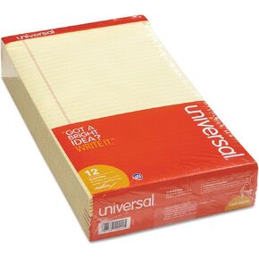 Universal 40000 Perforated Edge Writing Pad, Legal/Margin Rule, Legal, Canary, 50 Sheet, Dozen