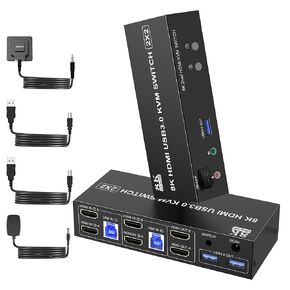 HDMI + 2 Displayport 3 Monitor KVM Switch USB 3.0 for 2 Computers, 4K@60Hz Triple Monitor KVM Switch with Audio and 3 USB 3.0 Ports, 2 Computers Share 3 Monitors Keyboard Mouse Switcher