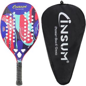 Beach Tennis Racket Carbon Fiber Surface with Sand Grit Print, Lightweight EVA Soft Racquet, with Cover Bag for Carry