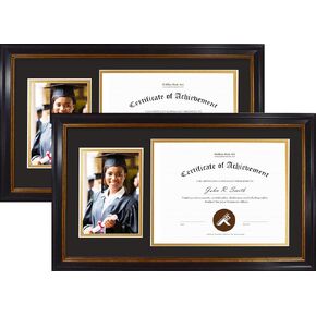 Golden State Art, 11x19.5 Frame for 8.5x11 Diploma/Certificate & 5x7 Picture, Black Gold & Burgundy & Gold Trim. Includes Black Over Gold Double Mat and Real Glass (1 Pack)