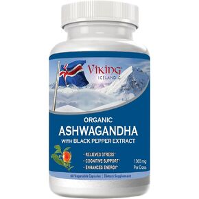 Organic Ashwagandha with Black Pepper Extract Icelandic. 60 Vegan Capsules - Maximum Absorption for Stress, Mood & Energy Support