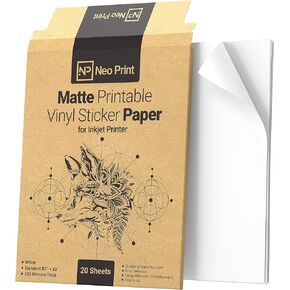 Printable Vinyl Sticker Paper for Inkjet Printer - Glossy White Vinyl Printer Paper - 20 Self-Adhesive Sheets - Standard Letter Size 8.5"x11" - Waterproof Decal Paper